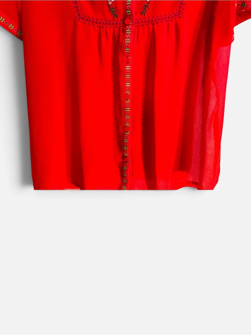 Embroidered Red Short-Sleeve Button-Front Blouse - Picture 4 of 6